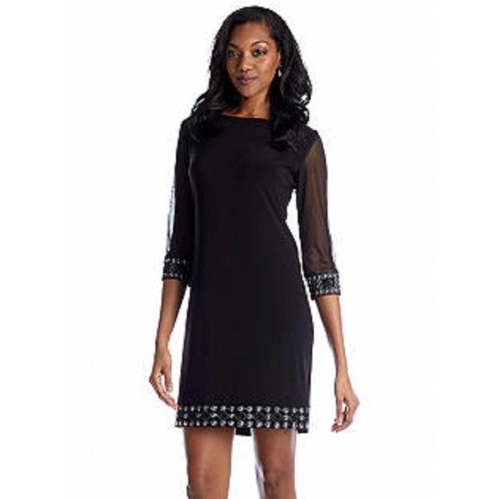 Tiana B Black Sheer Sleeve Embellished Shift Dress Size‎ 6 Goth Vtg